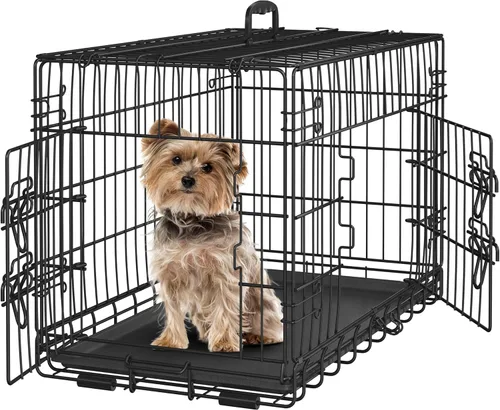 Vista 11 de Yaheetech Caja de perro de 24 pulgadas con puerta doble y divisor para cachorro, caja metálica plegable con bandeja removible, jaula de alambre