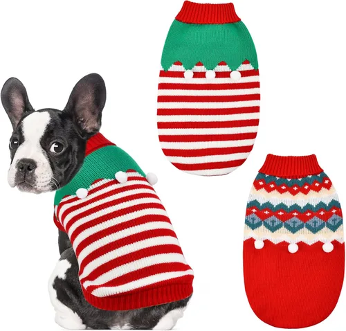 Vista 8 de 2 piezas de suéter de Navidad para cachorros, ropa de cuello alto de punto para gatos, disfraces de elfo de Navidad, ropa cálida para perros, suéter