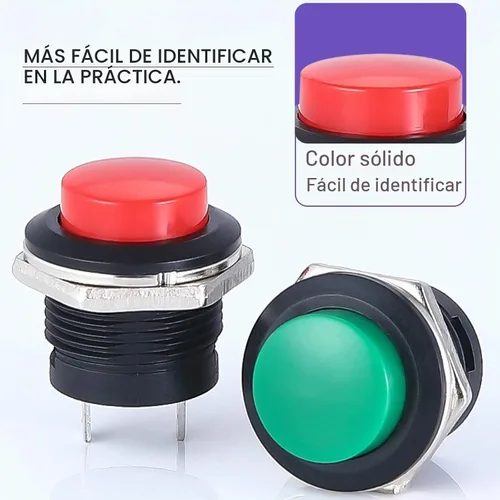 Vista 5 de Interruptor de encendido y apagado momentáneo de 0.630 in, surtido rojo, verde, amarillo, azul, blanco, negro, 3A, 250 V, CA, 2 pines, mini