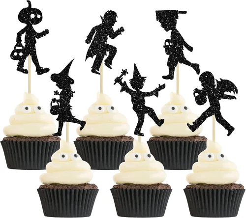 Vista 15 de Ephlyn 24 adornos negros para tartas de Halloween con purpurina fantasma Negro Halloween