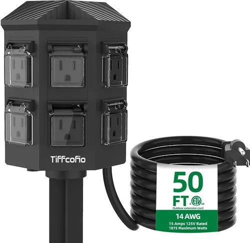 Vista 9 de TiFFCOFiO Tira de alimentación para exteriores resistente a la intemperie, cable de extensión de 15 pies con estaca, 6 tomas de tierra