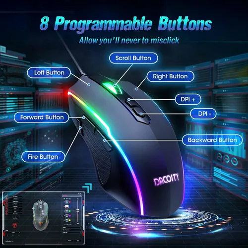 Vista 5 de Ratón para juegos con cable, ergonómico USB para computadora con 8 botones programables, ratón óptico para juegos con 16.8 millones