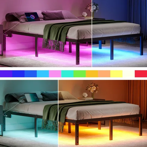 Vista 3 de HAVONIZD Marco de Cama Full con Luces LED y Estación de Carga - Marco de Cama de Plataforma de Metal Resistente de 18 Pulgadas Sin Necesidad