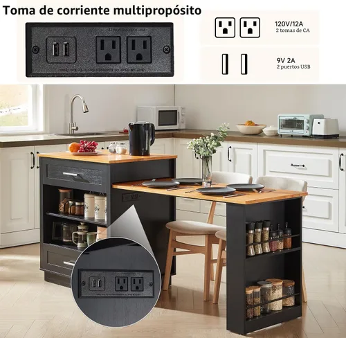 Vista 5 de ONBRILL Islas de cocina de 76 pulgadas con mesa de comedor extensible, mesa de isla para 2-4 personas con almacenamiento de doble lado, carrito