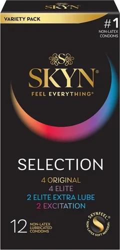 Vista 2 de SKYN Selection - Paquete variado de preservativos sin látex, 12 unidades, con condones SKYN Elite extra lubricados ultrafinos sin látex, 12