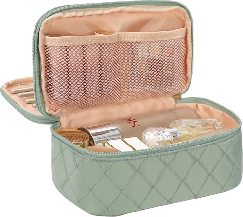 Vista 28 de Relavel Bolsa de maquillaje pequeña para mujer y niña, bolsa de maquillaje y brochas portátil de 2 capas, organizador de brochas de regalo de Navidad