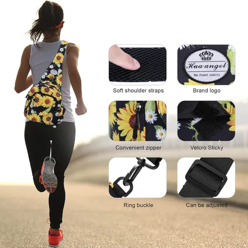 Vista 3 de HUA ANGEL Bolso bandolera floral Pequeña mochila cruzada para hombres y mujeres, senderismo, caminar, viajes, mini bolsa de pecho, Girasol