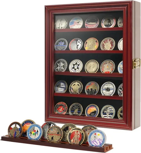 Vista 9 de Vitrina de Monedas de Desafío Militar con Vidrio Templado HD - Vitrina para Medallas de 5 Filas Gabinete Estante Caja de Sombra con Estantes