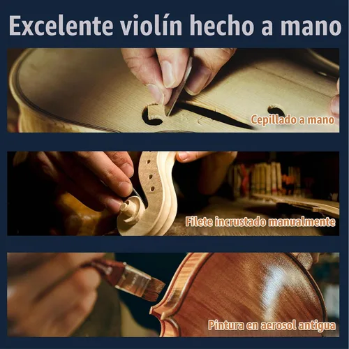 Vista 3 de Violín Mendini de madera sólida, libro de lecciones, cuerdas extra, sintonizador violín, arco y estuche