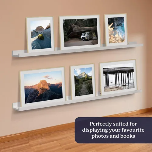 Vista 6 de Kraftex Estante de repisa para pared [blanco, 60 pulgadas, paquete de 2] Estantes flotantes estrechos para fotos e imágenes. Estante de exhibición