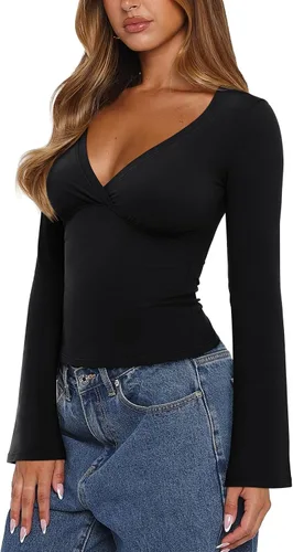 Vista 2 de REORIA Camisas de manga larga con cuello en V profundo para mujer Negro