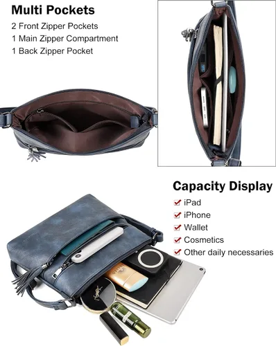 Vista 3 de MASINTOR Bolsos cruzados para mujer, bolso cruzado ligero y mediano, de cuero suave, bolsos de hombro para mujer con borla, Gris azul, Bandolera