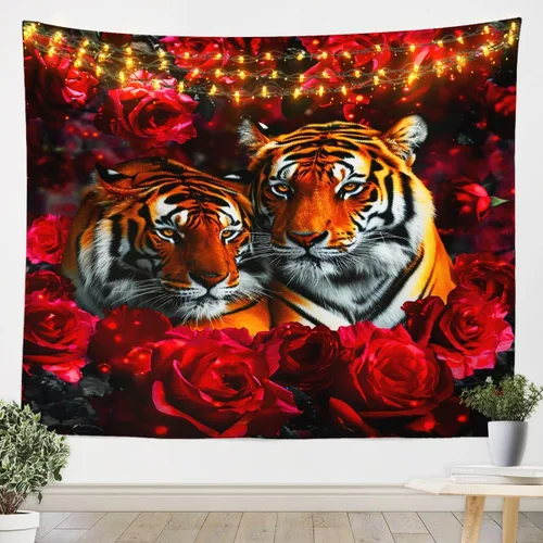 Vista 14 de Tapiz femenino de flores de rosas rojas, tapiz de pared para el día de San Valentín, decoración de habitación de niñas y mujeres, cielo estrellado