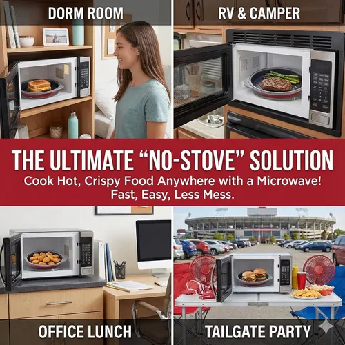 Vista 5 de MACONEE - Sartén para microondas con parrilla Parrilla, plancha y sartén para microondas con tapa para asar, dorar y crujir alimentos. Utensilios