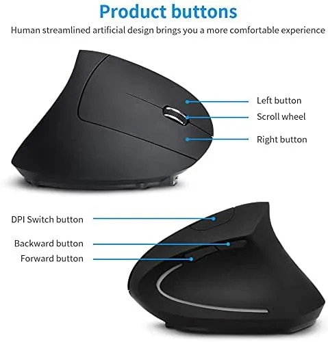Vista 2 de shoplease Mouse vertical inalámbrico recargable, mouse óptico ergonómico inalámbrico de 2.4 G con 3 ajustables 80012001600 DPI, adecuado para manos