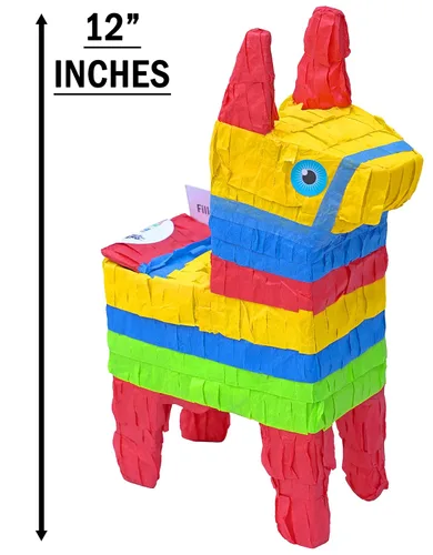 Vista 8 de Bonita piñata de burro de 12 pulgadas prerellena con cantidades variadas de caramelos populares y etiqueta de mensaje adjunta para amigos, familia
