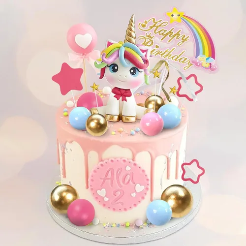 Vista 4 de 29 adornos para tartas de unicornio, decoración de pastel de arcoíris con estrellas arco iris, bolas de unicornio, decoraciones de pastel de feliz