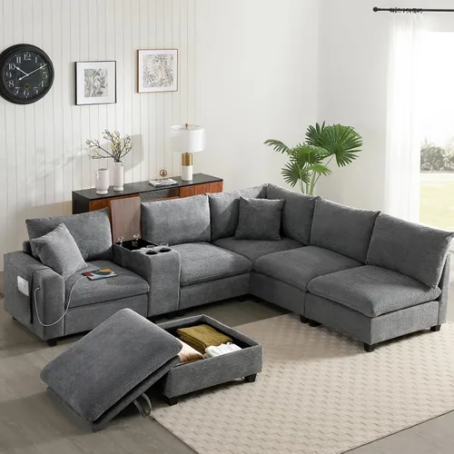 Vista 50 de Sofá modular de 103 pulgadas con 2 consolas acrílicas, juego de sofá en forma de U de gran tamaño con cargador USB, cajones de almacenamiento, Beige