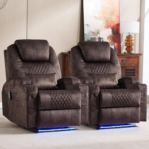 Vista 11 de Silla reclinable eléctrica con calor y masaje para adultos, asiento reclinable eléctrico de cine en casa con luces LED, portavasos, bolsillo