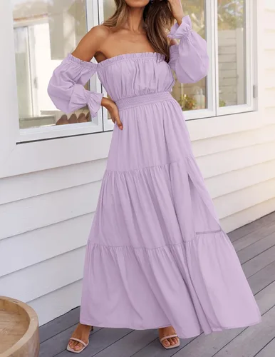 Vista 130 de ZESICA - Vestido largo, bohemio y sexy, con hombros descubiertos y manga larga fruncida, con elástico fruncido, cintura alta y abertura lateral