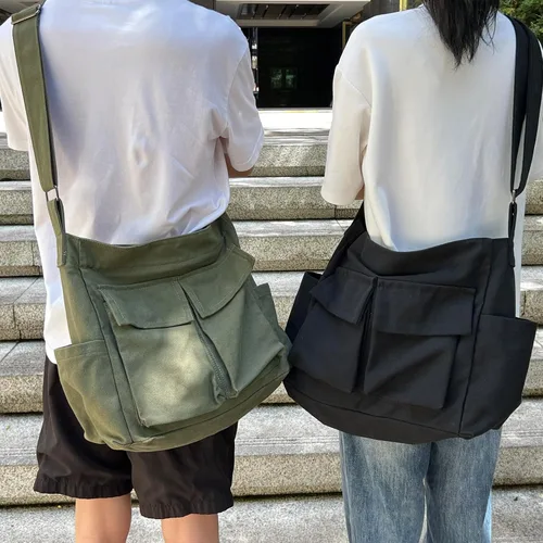 Vista 4 de Bolsa tipo mensajero de lona, con múltiples bolsillos, estética, para la escuela, viajes, bolso bandolera grande para mujeres y hombres