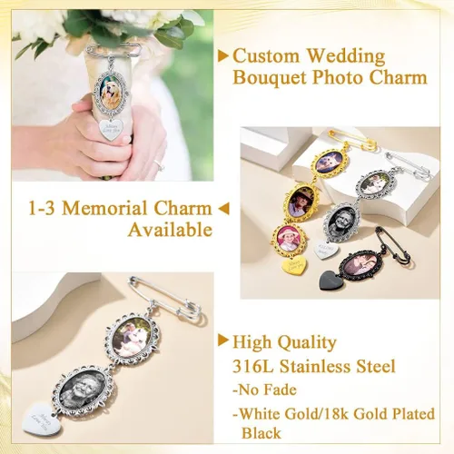 Vista 5 de Custom4U Ramo de boda para fotos personalizado con 1-4 imágenes, pines conmemorativos para boda, novio, novia, memoria, pasador funerario, madre
