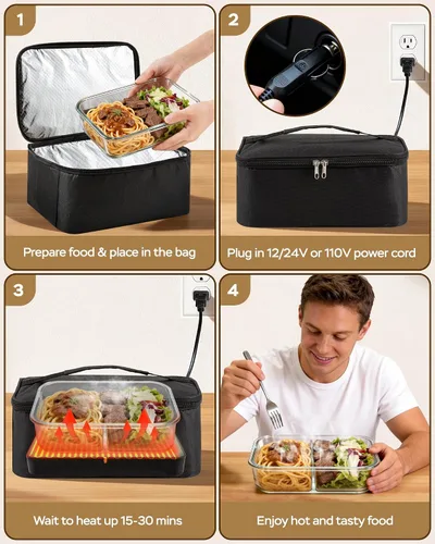 Vista 3 de Horno portátil, lonchera eléctrica de 100 W, calentador de alimentos, 3 en 1 12 V/24 V/110 V, lonchera térmica para automóvil, camión, oficina