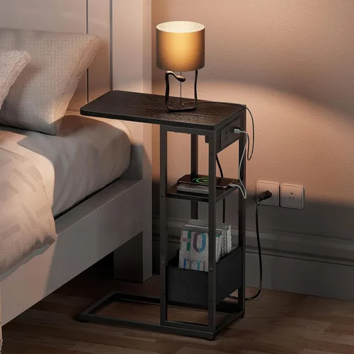 Vista 7 de Mesa auxiliar en forma de C con estación de carga, mesa lateral pequeña para sofá reclinable, mesas de aperitivos deslizables debajo del sofá