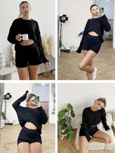 Vista 3 de Ekouaer Conjunto de 2 piezas de suéter de manga larga y pantalones cortos para mujer