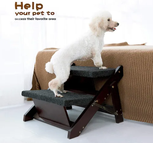 Vista 4 de MEWANG - Escaleras de madera para mascotas/escalones para mascotas, escaleras plegables 2 en 1 y rampa para camas y autos, escalera portátil