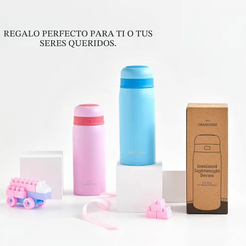 Vista 5 de GrandTies - Botella de agua aislante para niños, botella ligera de acero inoxidable aislada al vacío de 12 onzas, botella térmica de doble pared