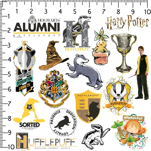 Vista 2 de Harry Potter Hufflepuff Theme - Calcomanías de vinilo de 50 unidades – Crestas de casa, símbolos de tejón y diseños de personajes para laptop