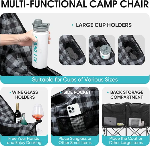 Vista 4 de Bolosy - Silla de camping doble acolchada para sofá biplaza Sillas de campamento de gran tamaño para 2 personas para adultos, silla de césped