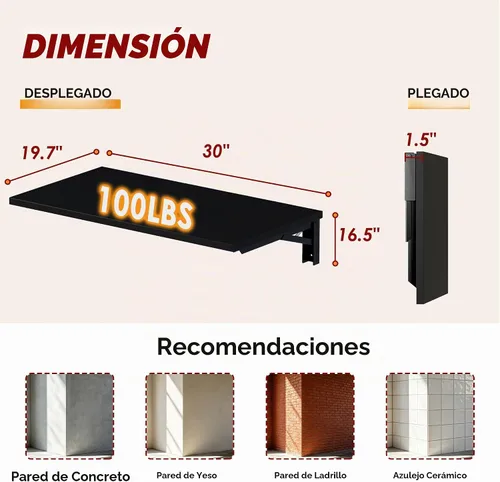 Vista 3 de Need Mesa plegable montada en la pared 30x20IN para lavandería de oficina Soportes de escritorio de color negro y estantes negros