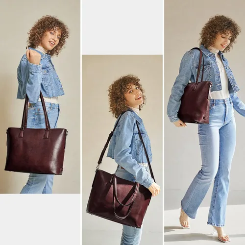 Vista 2 de S-ZONE Bolso de mano de cuero genuino para mujer, maletín vintage, bolso de trabajo, bolso grande de 15.6 pulgadas, L