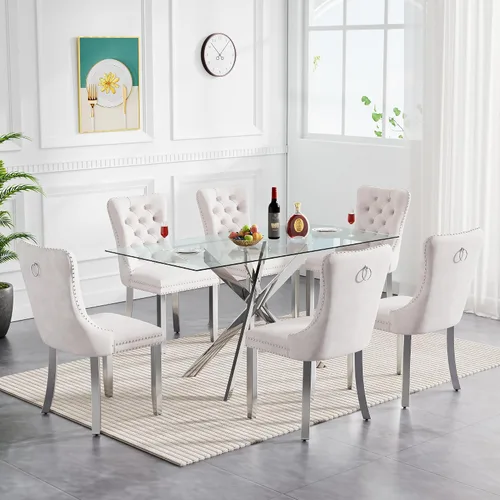Vista 25 de Juego de mesa de comedor de cristal para cocina de 4, 5 piezas, mesa de comedor rectangular de 51 pulgadas con 4 sillas de cocina de terciopelo
