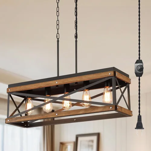 Vista 11 de Lámpara Colgante Rústica de Granja con Enchufe con Cadena Ajustable, Interruptor Regulable, Jaula de Tambor de Madera de Roble y Metal, Mini Lámpara