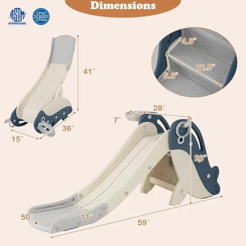 Vista 7 de BABY JOY Tobogán plegable para niños pequeños, juego independiente de escalador para bebés con aro de baloncesto, juego de tobogán para niños