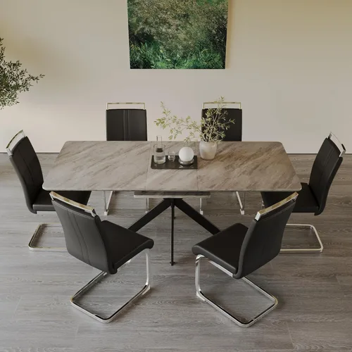 Vista 38 de Mesa de comedor de mármol para 4-8, mesa de comedor extensible de 62.4 a 78.15 pulgadas, mesa de cocina moderna, mesa rectangular que ahorra espacio