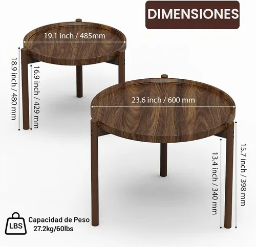 Vista 2 de Juego de 2 mesas de centro redondas anidadas, mesa auxiliar redonda, mesas anidables pequeñas, mesa auxiliar, para sala de estar, dormitorio, balcón