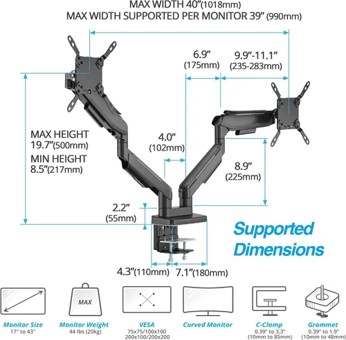 Vista 4 de AVLT RGB Lights Dual 17"-43" Gaming Monitor Arm Soporte de escritorio, se adapta a dos pantallas planas/curvas/ultraanchas de hasta 44 libras