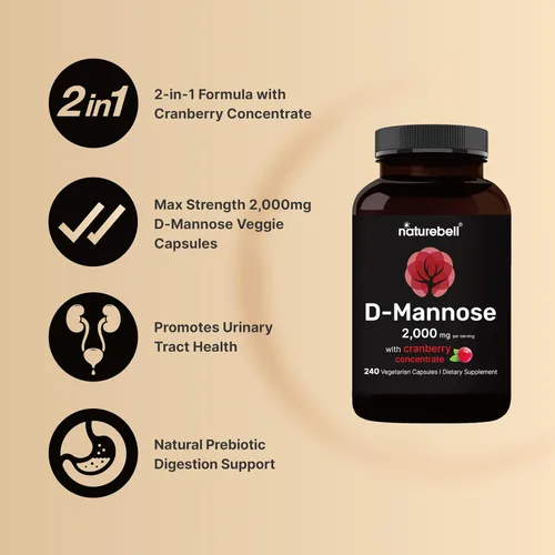Vista 3 de NatureBell Cápsulas de D-manosa de 500 mg (2,000 mg por porción) 240 cápsulas vegetales + concentrado de arándano de 40 mg – Pastillas de acción
