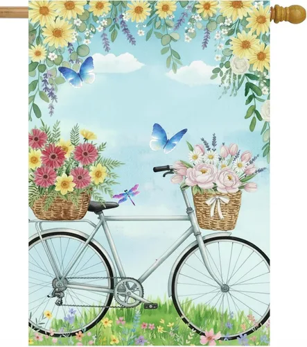 Vista 7 de Bandera de bienvenida para primavera y verano para bicicleta, diseño de margaritas, mariposa, paisaje, jardín, patio, 12 x 18 pulgadas, poliéster