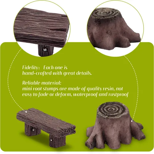 Vista 2 de Skylety - 12 piezas de accesorios de jardín de hadas en miniatura, incluye 6 bancos de estilo retro de madera, 6 tocones de raíz artificiales