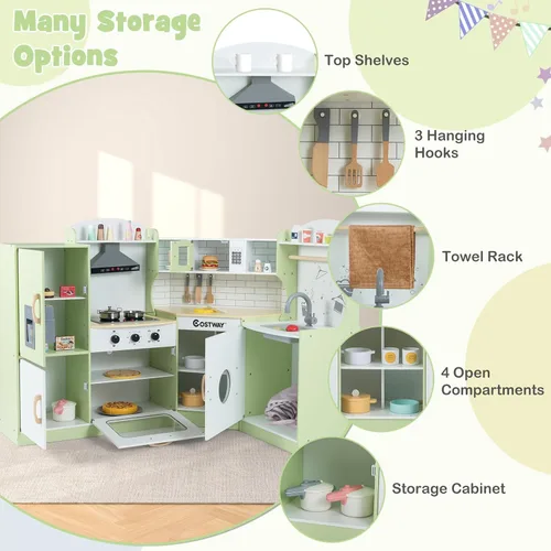 Vista 5 de KOTEK Cocina de juguete de madera para niños con sonido y luz, campana extractora, máquina de hielo, lavadora, microondas, horno, fregadero, traje