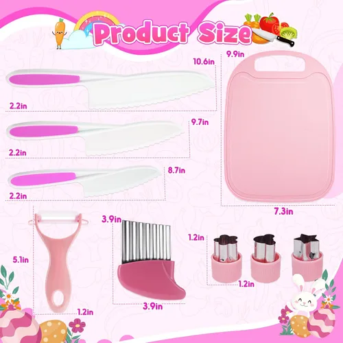 Vista 6 de 9 piezas de juego de cuchillos seguros para niños para cocina real, juego de cuchillos de cocina para niños con tabla de cortar, cortador