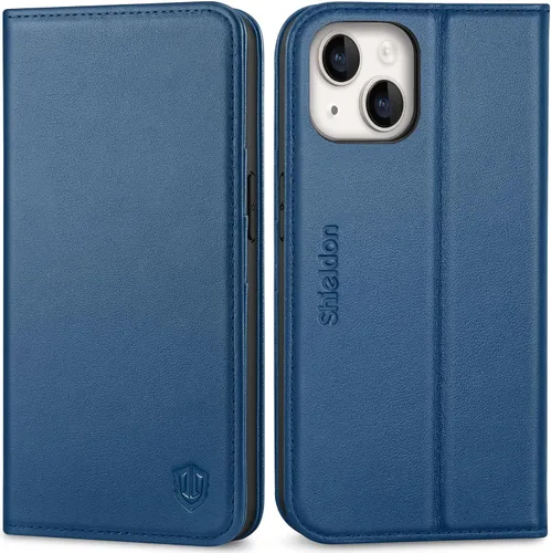 Vista 10 de SHIELDON Funda para iPhone 14 de 6.1", Funda tipo cartera de cuero genuino [Cierre magnético] [Ranuras para tarjetas con bloqueo RFID] [Soporte]