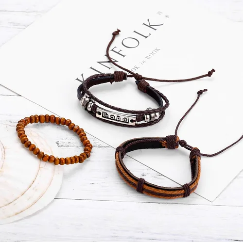 Vista 5 de Hubbering Hope - Pulsera de piel y cuentas de varias capas 3 piezas