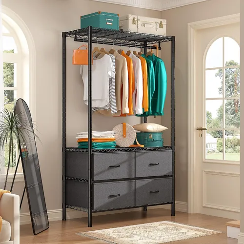Vista 4 de Raybee Perchero con 4 cajones y estantes, perchero resistente para colgar ropa, portátil, resistente y duradero, negro