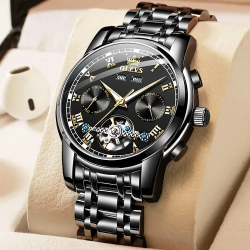 Vista 2 de OLEVS Relojes de cuerda automática para hombre, reloj de pulsera mecánico con diseño de esqueleto Tourbillon, relojes automáticos de acero